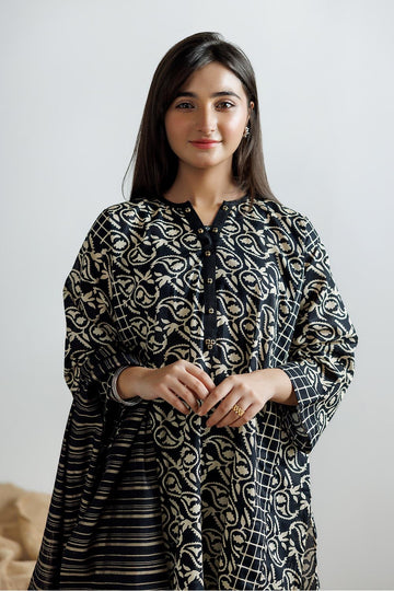 GAD-03161 | Black & Fawn | Casual 3 Piece Suit | Cotton Lawn Printed
